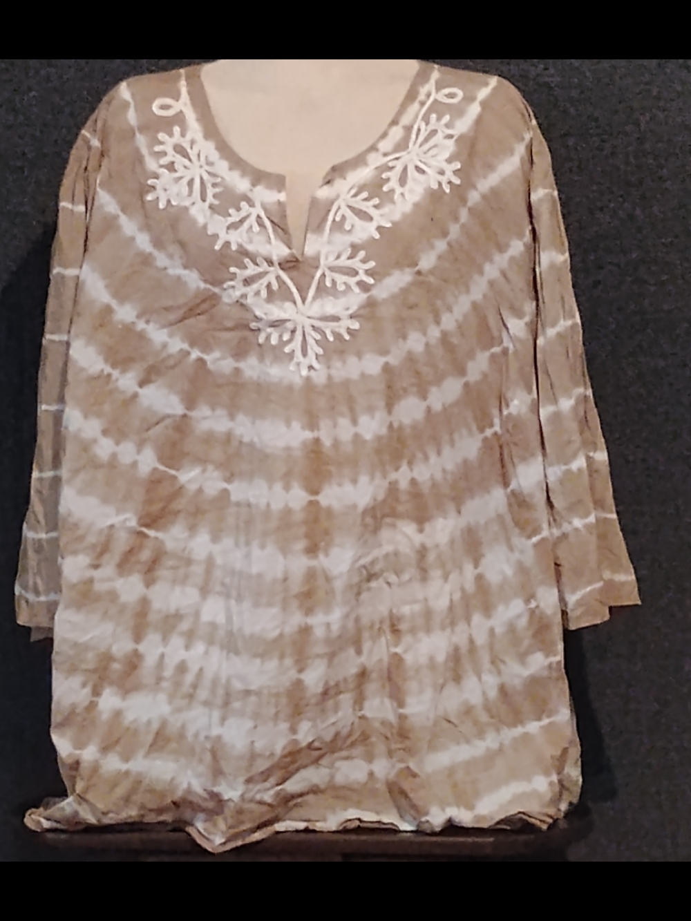 Catherines Beige and White Tie-Dye Embroidered Tunic